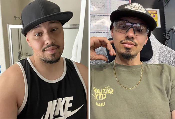 Side-by-side photos show a man who changed for the better over time, showcasing personal improvement.
