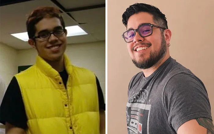 Side-by-side photos show a man in glasses and a yellow vest, then older with a beard, showing people changed for the better.