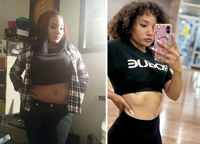 Side-by-side photos show a woman with a slimmer physique, illustrating how people changed for the better over time.