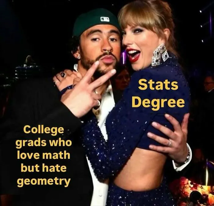 A statistics meme featuring college grads who love math but hate geometry, embracing a stats degree.