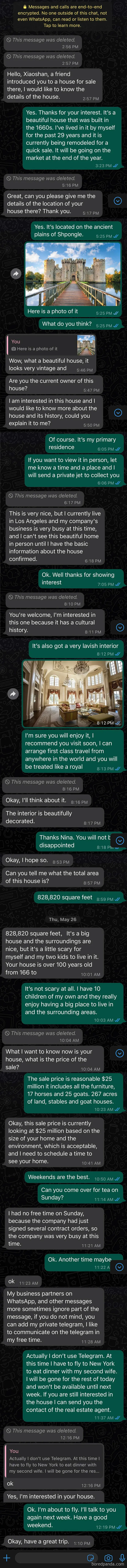 A long chat conversation with a scammer making rookie moves during a fake house sale.
