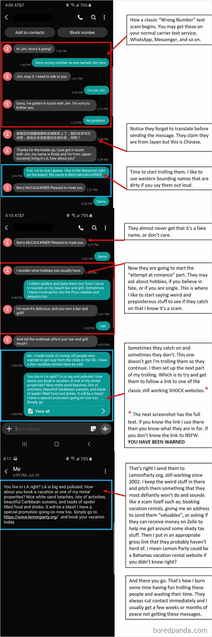 A long chat conversation with various scammers making rookie moves.