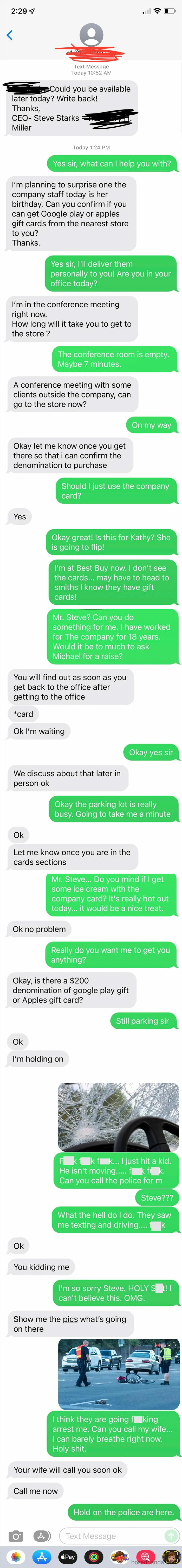 A screenshot showing a scammer trying to trick someone into buying gift cards.