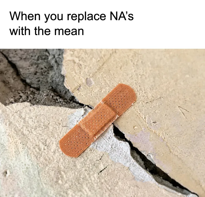 A band-aid on a cracked wall, representing replacing NA's with the mean, a stats class meme.
