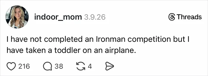 A Threads post where parents vented on social media about taking a toddler on an airplane.