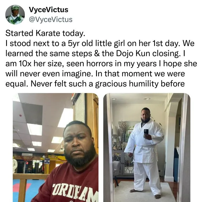 A funny millennial meme showing a tweet about a grown man feeling humbled in a karate class.