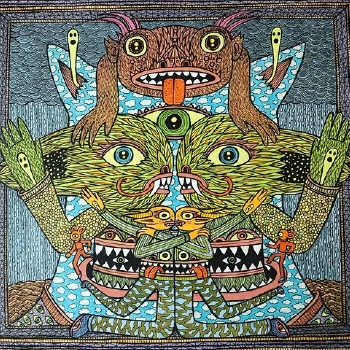 Theo Ellsworth illustration of colorful surreal creatures with big eyes and patterns in a framed setting
