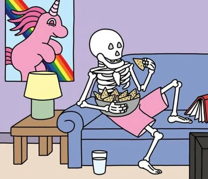 A Buni comic featuring a skeleton eating nachos on a couch in front of a poster of a pink unicorn.