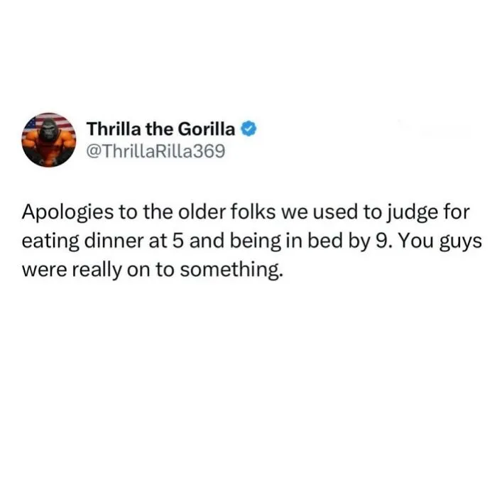 Funny millennial meme of a tweet about realizing the wisdom of older folks going to bed early.