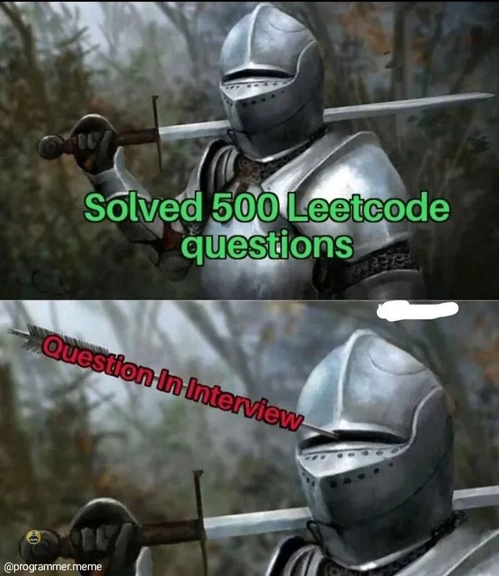 Knight meme about solving Leetcode questions but failing interview programming