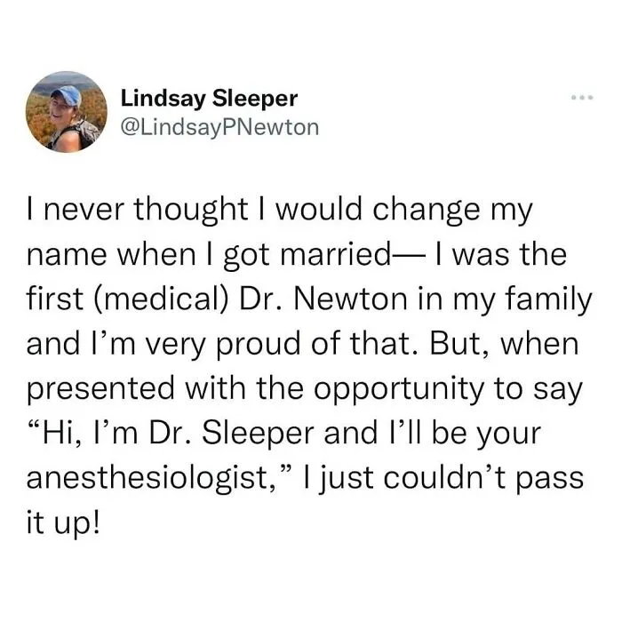 A funny millennial meme screenshot of a tweet by a doctor about choosing a funny married name.