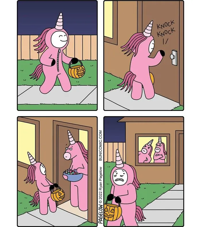 Buni comic showing a character in a pink unicorn costume trick-or-treating at a real unicorn's house.