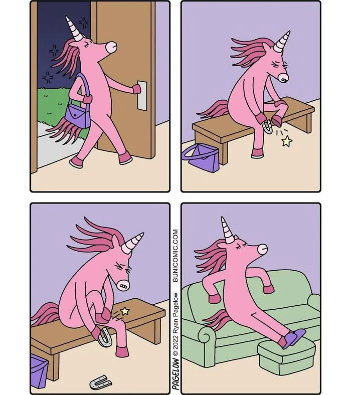 A pink unicorn in a Buni comic comes home from work, removes its painful horseshoes, and relaxes on the couch.