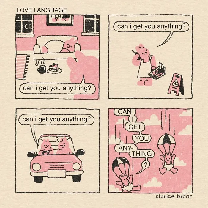Snarky pink rabbits repeatedly asking can I get you anything in comic by Clarice Tudor