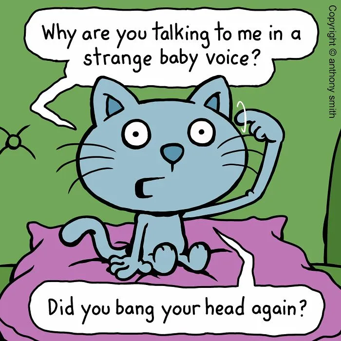 Cattitude comic showing a cat questioning being spoken to in a baby voice, illustrating what having a cat is like.