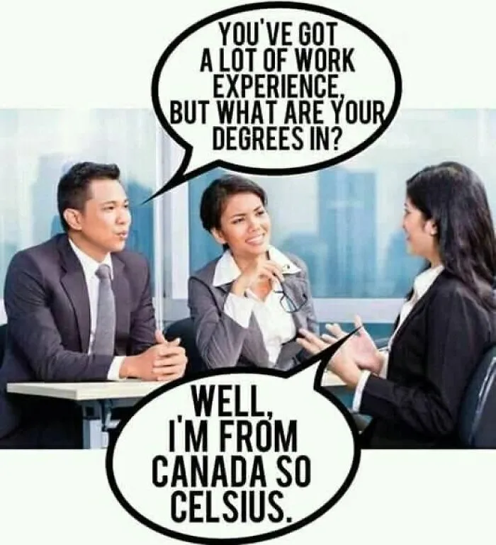 Humorous job interview meme joking about degrees in work experience with a pun