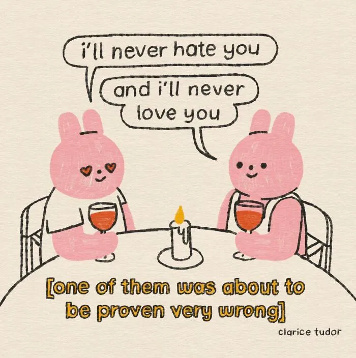 Pink rabbits drinking wine sharing ironic love and hate dialogue in Clarice Tudor comic