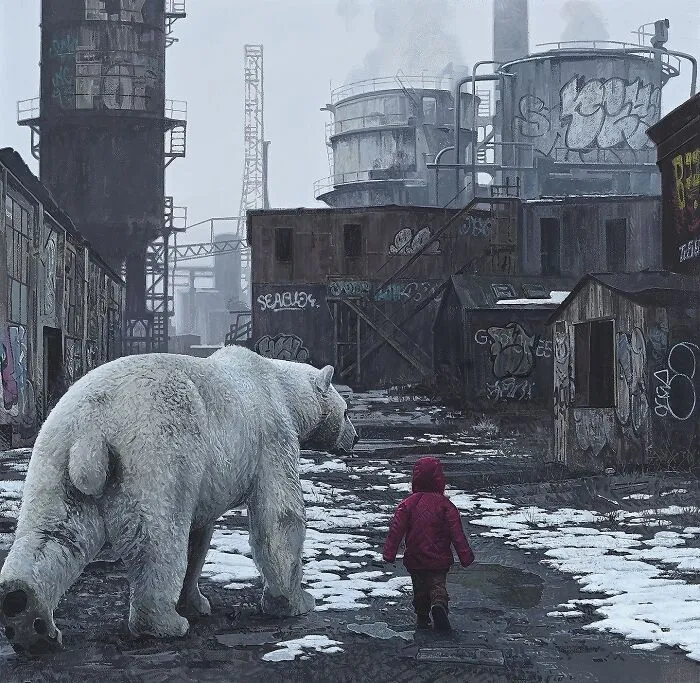 A child and a polar bear walking through a ruined city, from dystopian paintings by Kevin Peterson