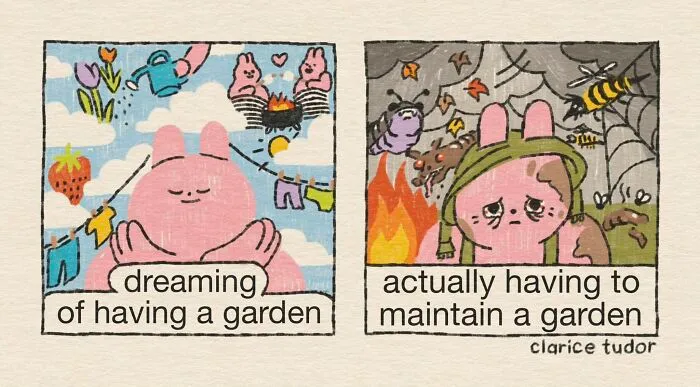 Contrast of dreamy and stressful garden scenes with sassy pink rabbits comic by Clarice Tudor