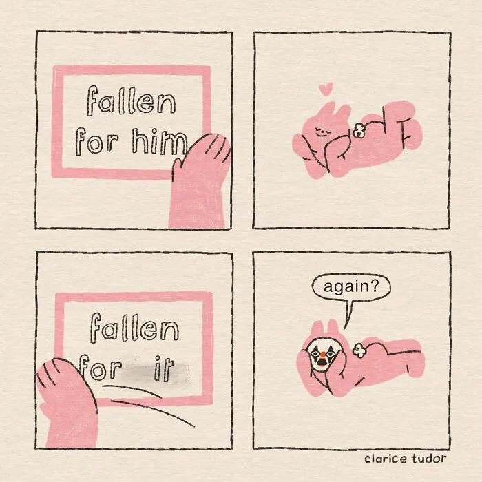 Pink rabbit comic about falling for him versus it with clown mask punchline