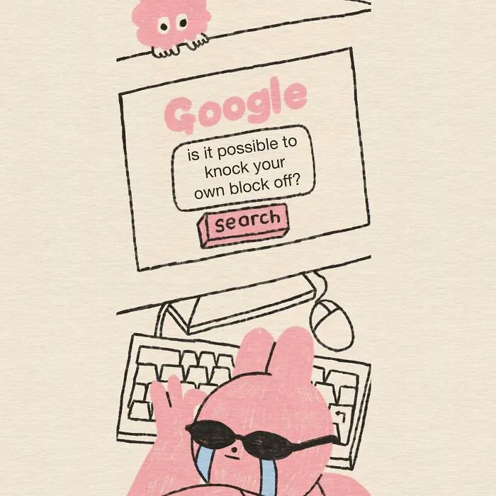 Pink rabbit googling if it is possible to knock your own block off in a humorous cartoon