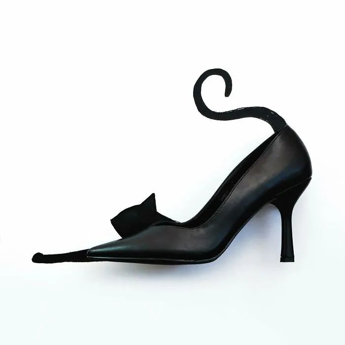 A black high heel shoe transformed into a sleeping cat in playful illustrations by Romain Joly