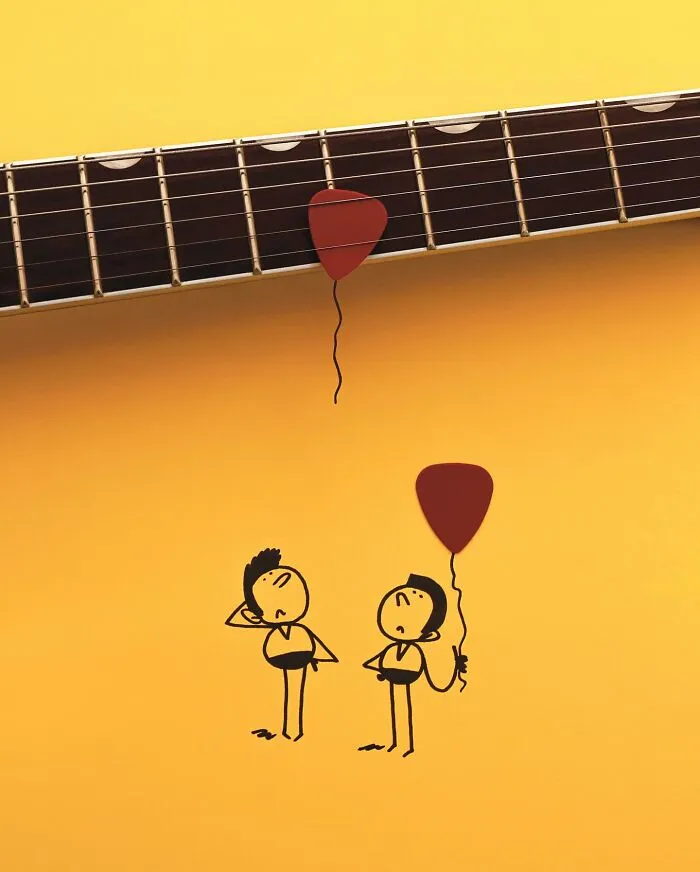 Guitar picks double as balloons held by cartoon characters in a playful illustration.