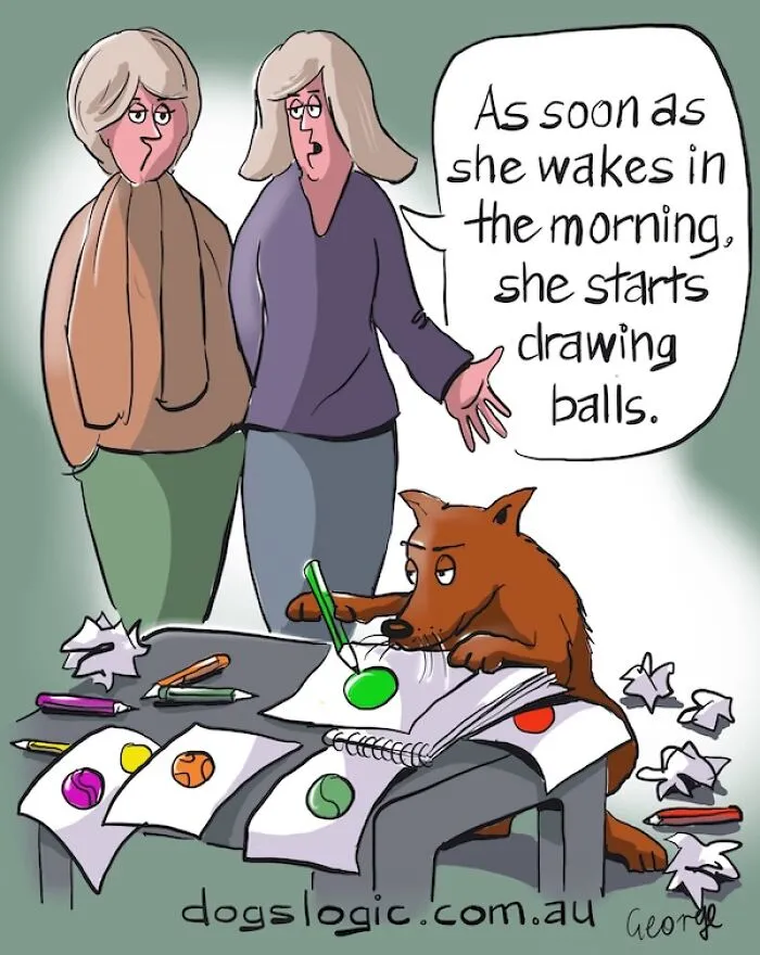 A comic of a dog drawing colorful balls on paper, showcasing humorous dog logic