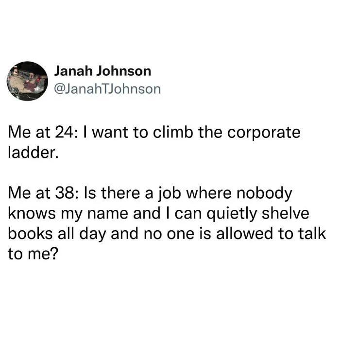 A relatable funny millennial memes post about wanting a quiet job