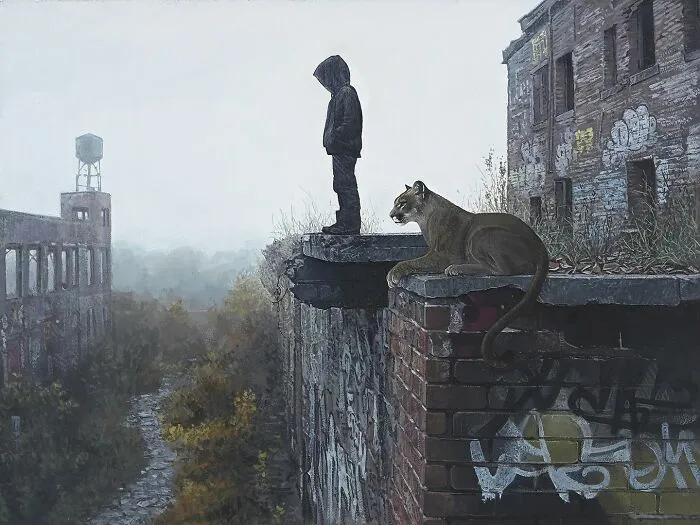 A hooded figure standing beside a cougar on a ledge, from dystopian paintings by Kevin Peterson
