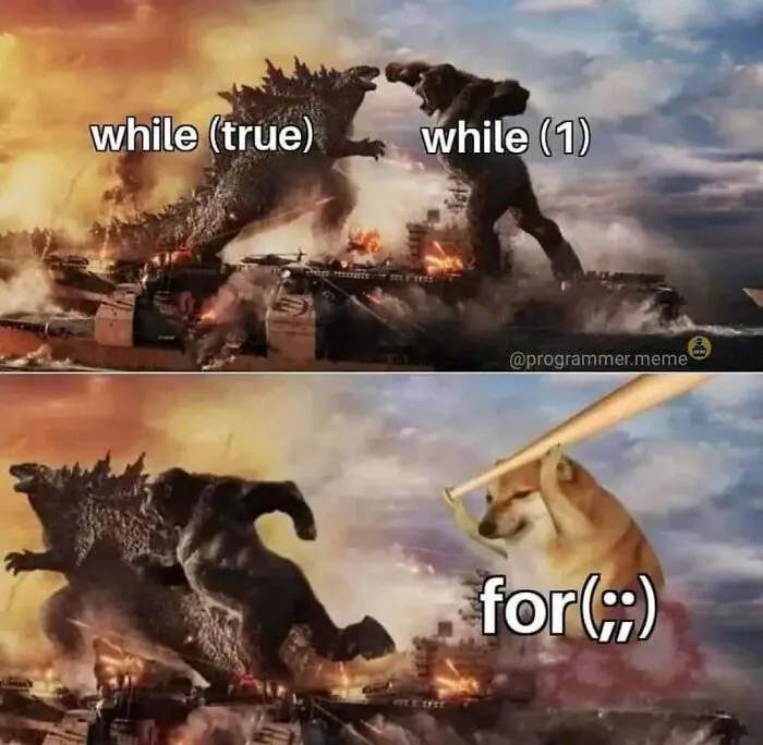 Godzilla and King Kong meme comparing while and for loops programming meme