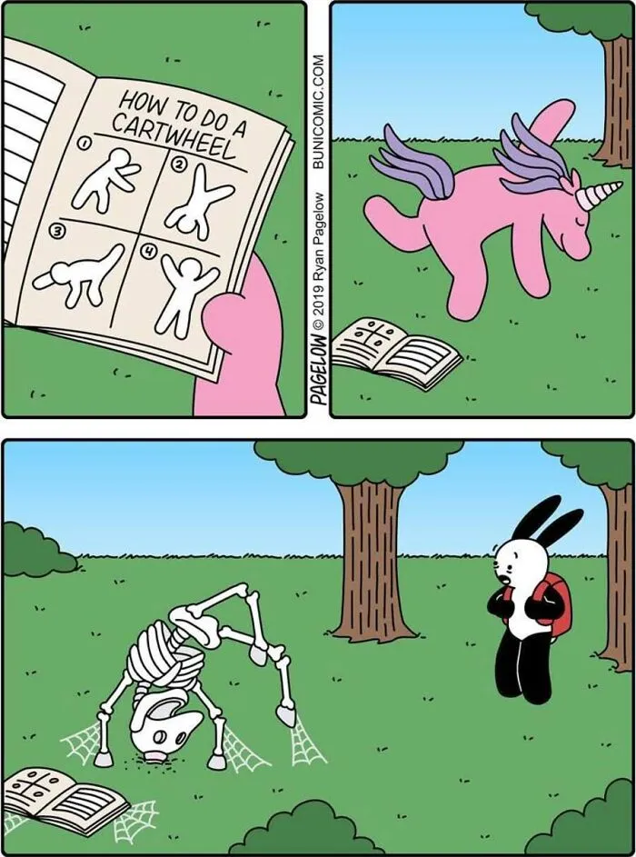 A Buni Comics comic of a pink unicorn turning into a skeleton while trying to learn how to cartwheel