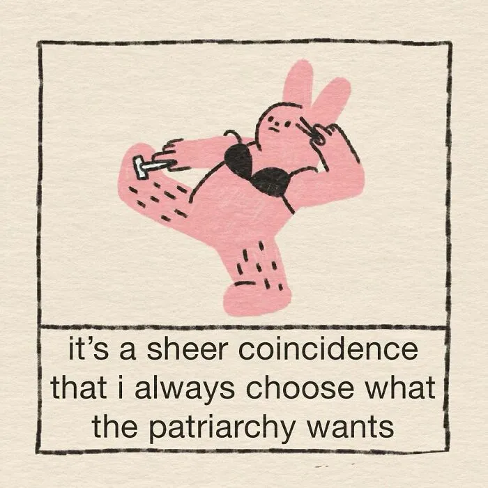 Pink rabbit shaving legs with text about choosing what the patriarchy wants