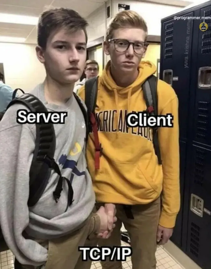 Meme depicting server and client handshake as TCP/IP communication