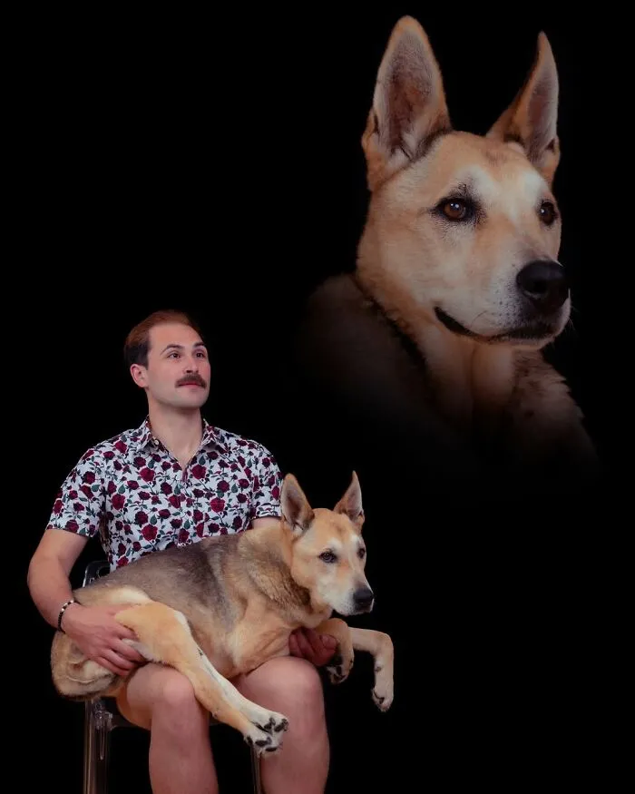 A man with a mustache holding his pet dog, with a portrait of the dog floating above on a black background, showcasing quirky portraits of pets and their owners.