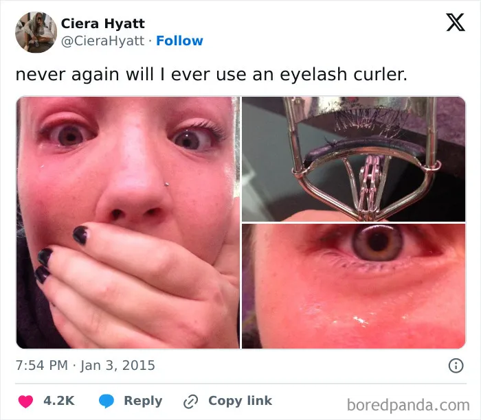 Social media post showing ripped lashes from eyelash curler under beauty procedures fails.