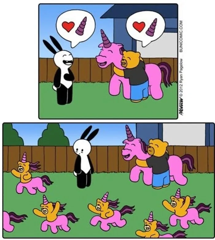 A Buni comic where a rabbit witnesses a pink unicorn and a bear having many tiny hybrid unicorn-bear babies.