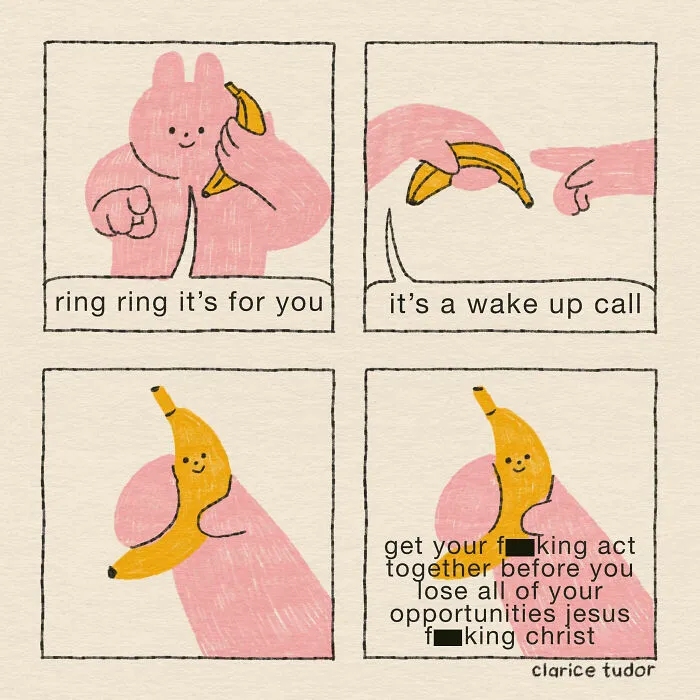 Pink rabbits deliver wake-up call in snarky British humor comic by Clarice Tudor.