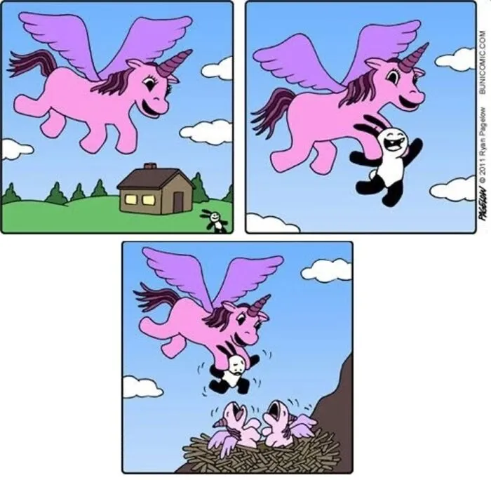 In this Buni comic, a flying pink unicorn grabs a rabbit and drops him into a nest of hungry baby griffins.