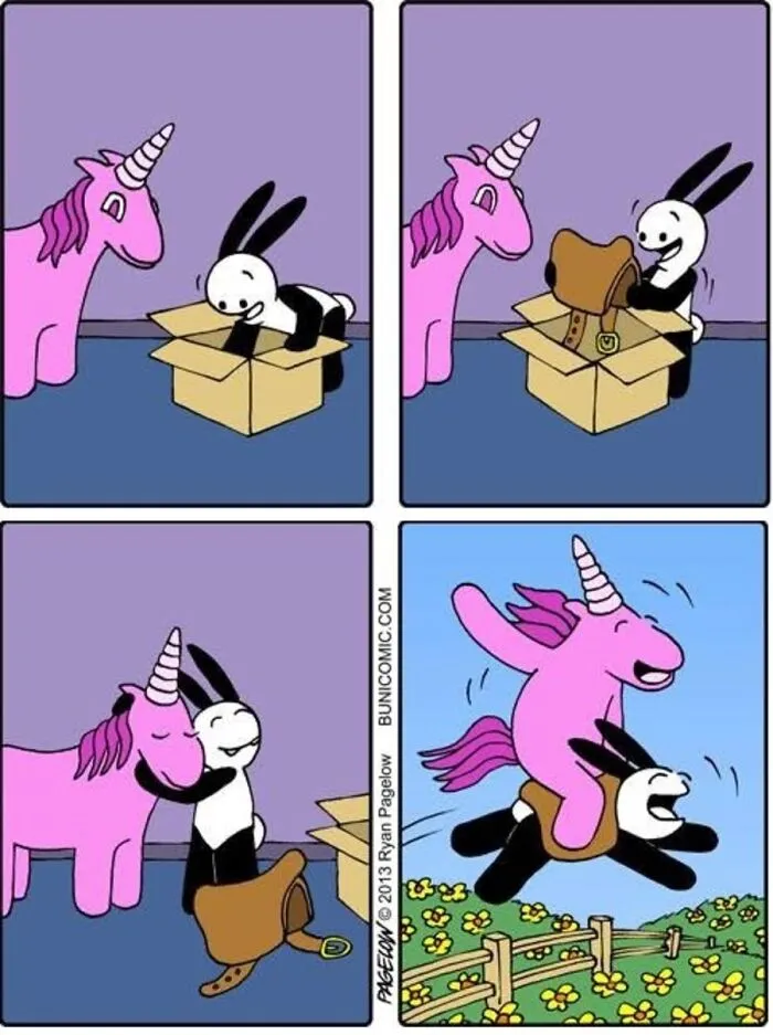 A Buni comic panel showing a rabbit gifting a saddle to a pink unicorn, then riding on the rabbit's back.