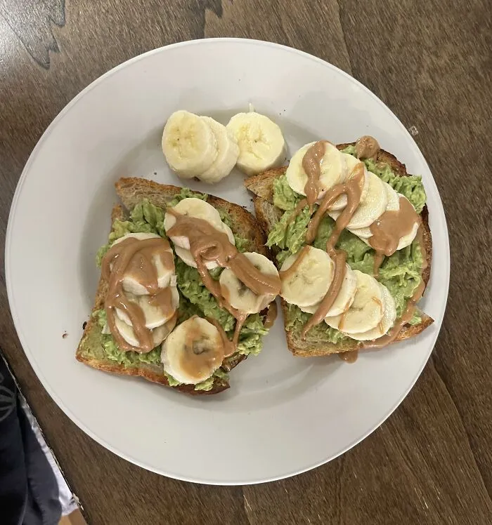 Interesting food combinations featuring toast with mashed avocado, banana slices, and peanut butter