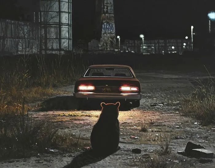 A bear sitting on a desolate road at night, from dystopian paintings by Kevin Peterson