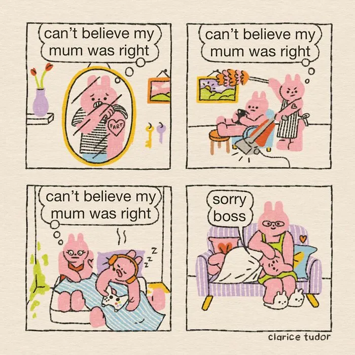 Funny pink rabbit scenes realizing mom was right with everyday activities in British humor