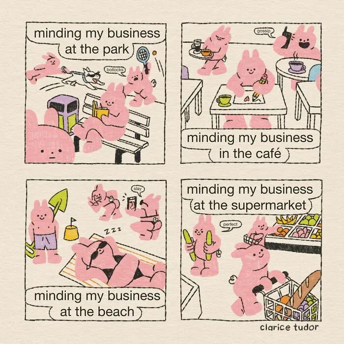 Illustration of pink rabbits minding their business in park, cafe, beach, and supermarket