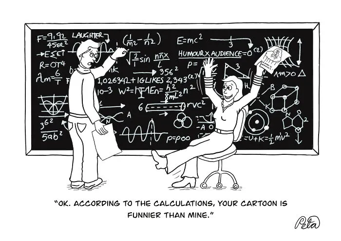 Comic of two characters analyzing humor formulas on a chalkboard