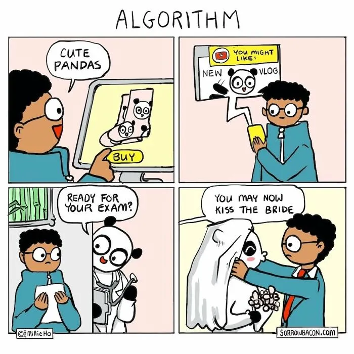 Artist creates comics with funny twists, depicting an algorithm leading to a panda-themed wedding.