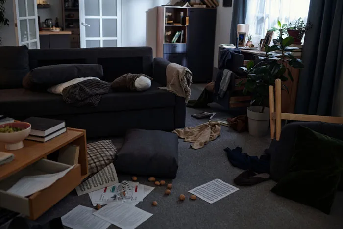 Messy living room with scattered papers, cushions, and disorganized furniture