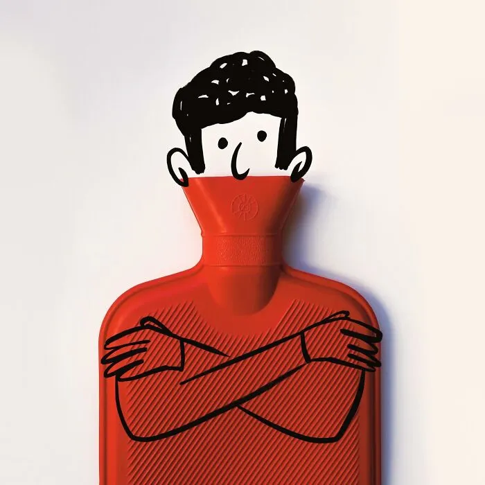 A red hot water bottle transforms into a cold man in this creative playful illustration.