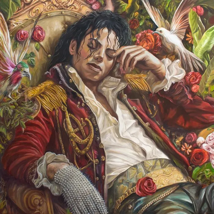 Michel Devanakis portrait painting of Michael Jackson resting in a red military jacket surrounded by roses.