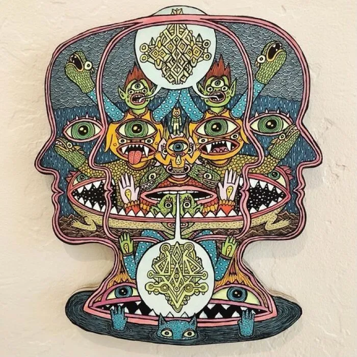 Theo Ellsworth complex double-headed psychedelic face illustration